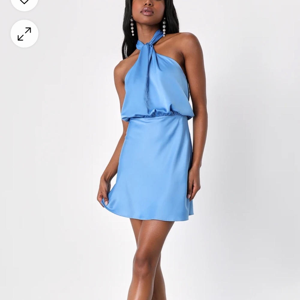 Lulus Sleek Essence Blue Satin Halter Sleeveless Mini Dress